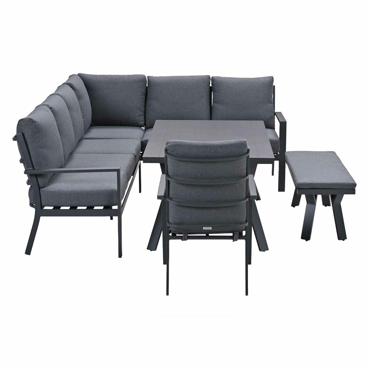 Buitenmeubelset: hoekbank, tafel en bank. Grijze kussens, zwarte frames, witte achtergrond.