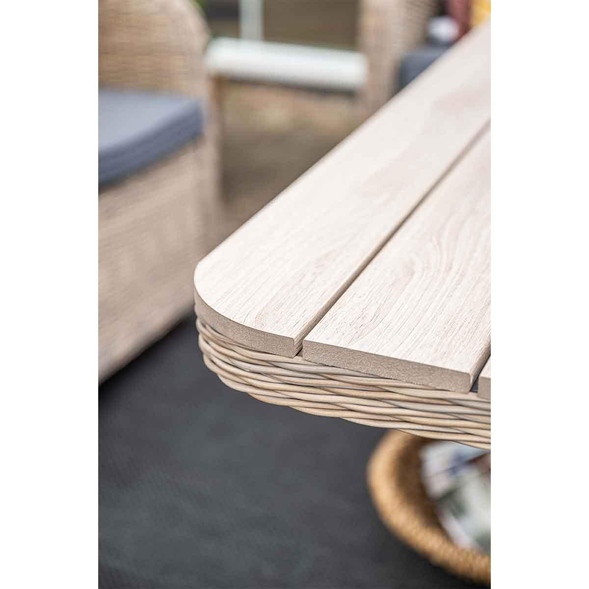 Close-up of a light wooden table's edge with a woven wicker base. The table is outdoors.