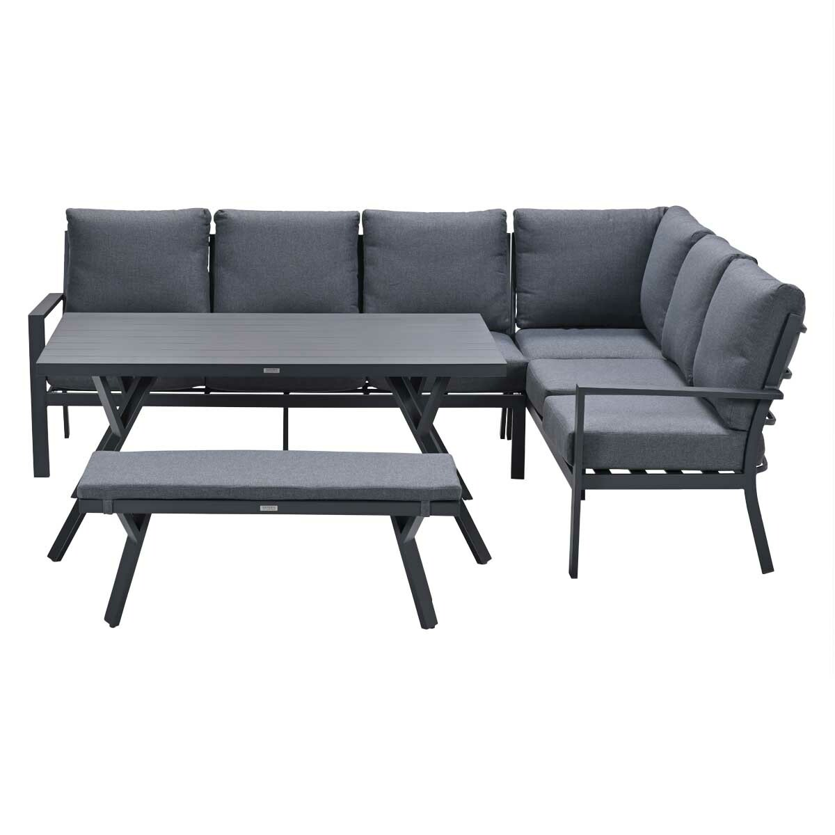 Gray outdoor furniture set: sofa with cushions, table, and bench. Black metal frames, light gray cushions, white background.