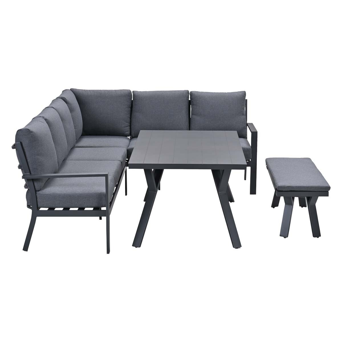 Outdoor furniture: corner sofa, table, and ottoman. Gray cushions, black frames, white background.