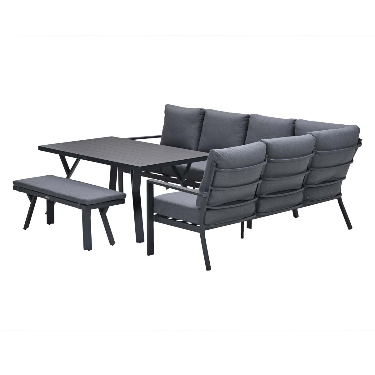 Outdoor furniture set: corner sofa, table, bench, and chair. Gray cushions, black frames, white background.