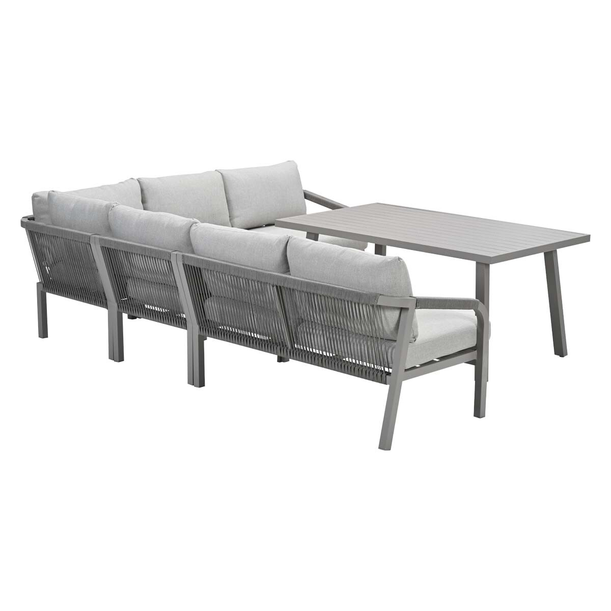 Canapé d'extérieur en forme de L et table rectangulaire, gris, sur fond blanc.