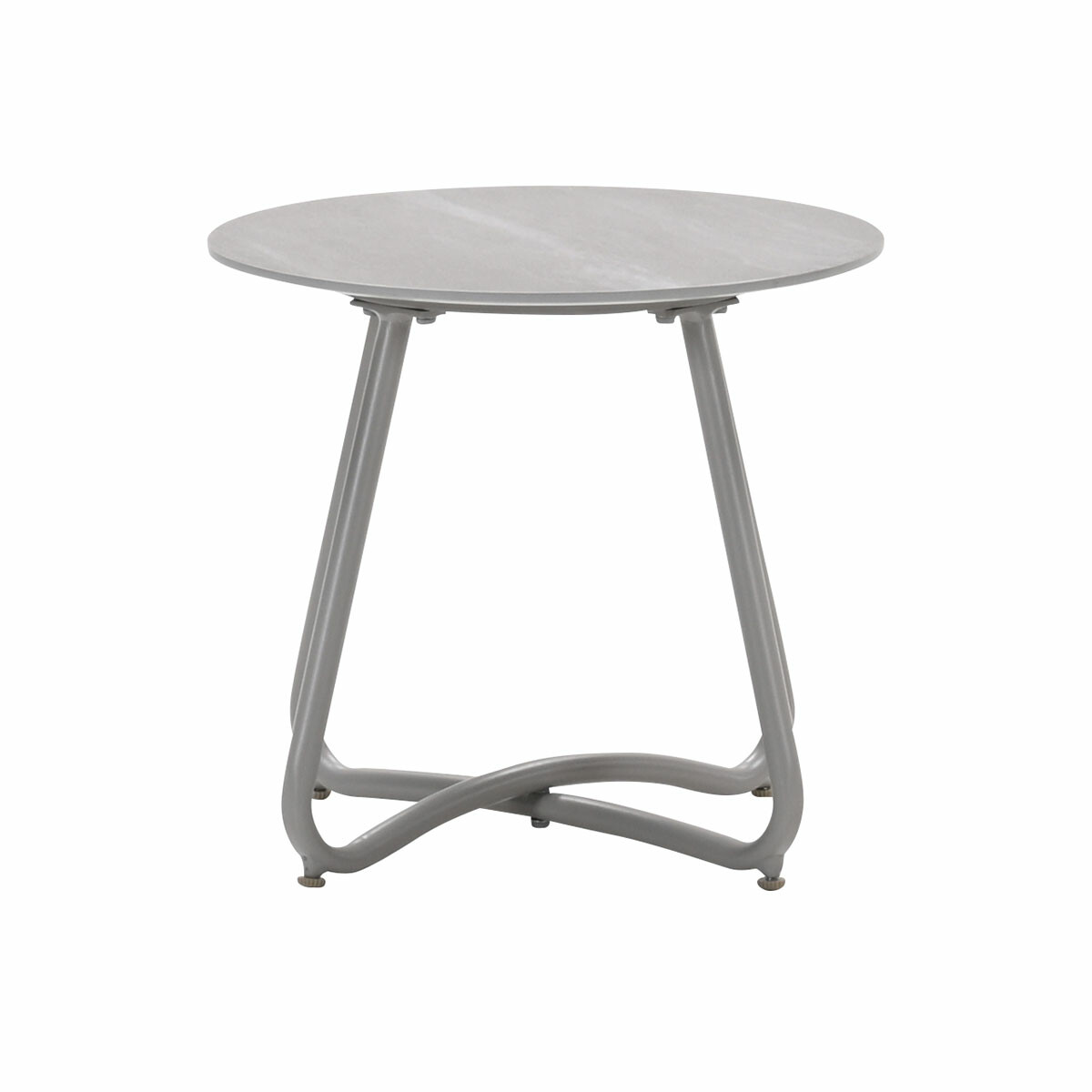 Een ronde, grijze tafel met gekruiste poten, geïsoleerd op witte achtergrond.