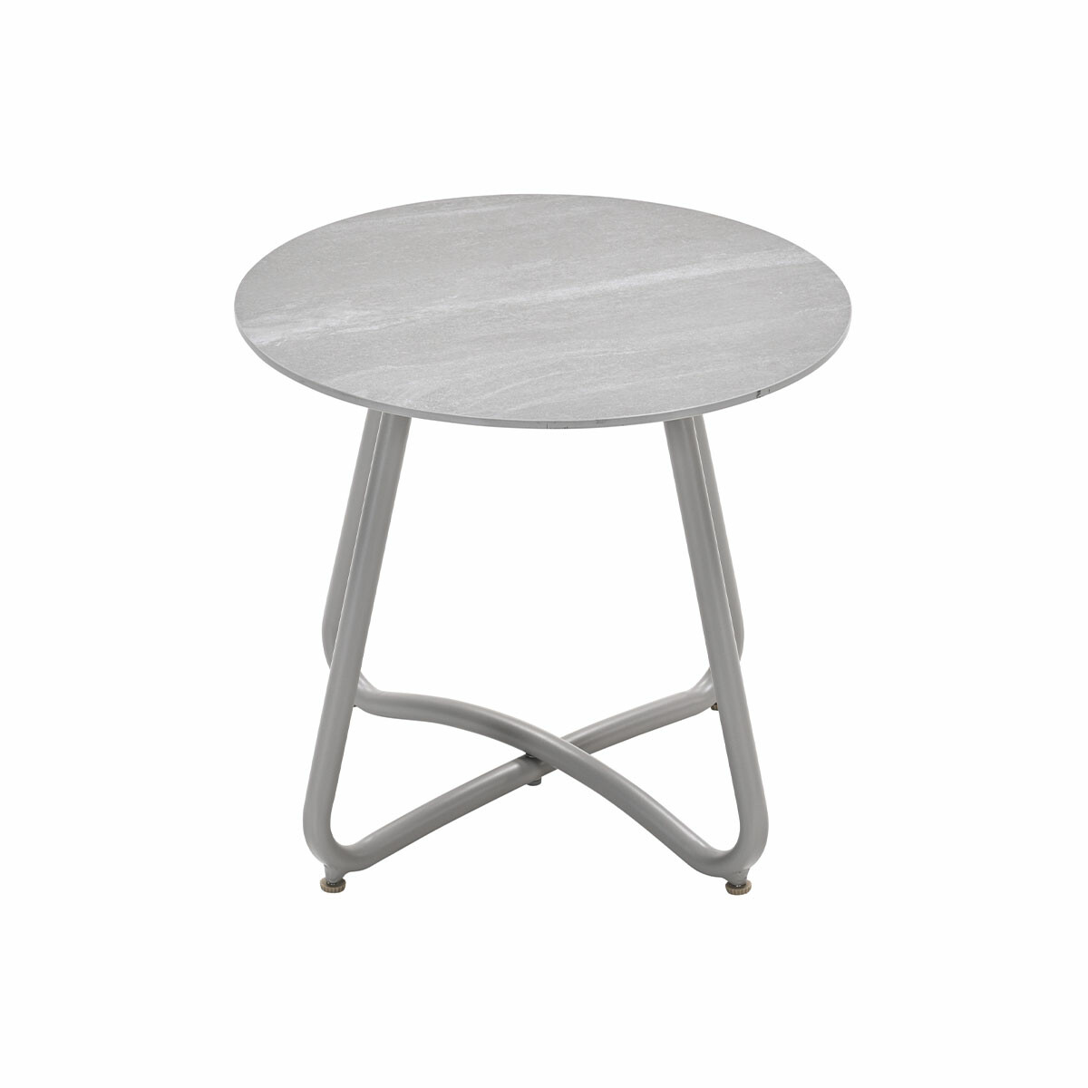 Een bovenaanzicht van een ronde grijze tafel met gekruiste poten, geïsoleerd op wit.