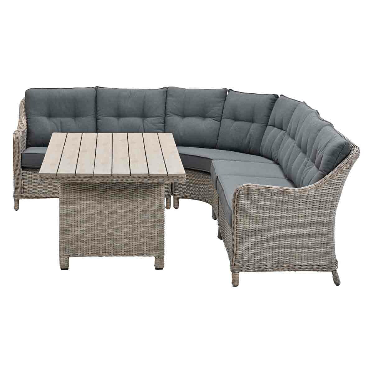L-shaped wicker sofa with a rectangular table, all light gray, on white background.