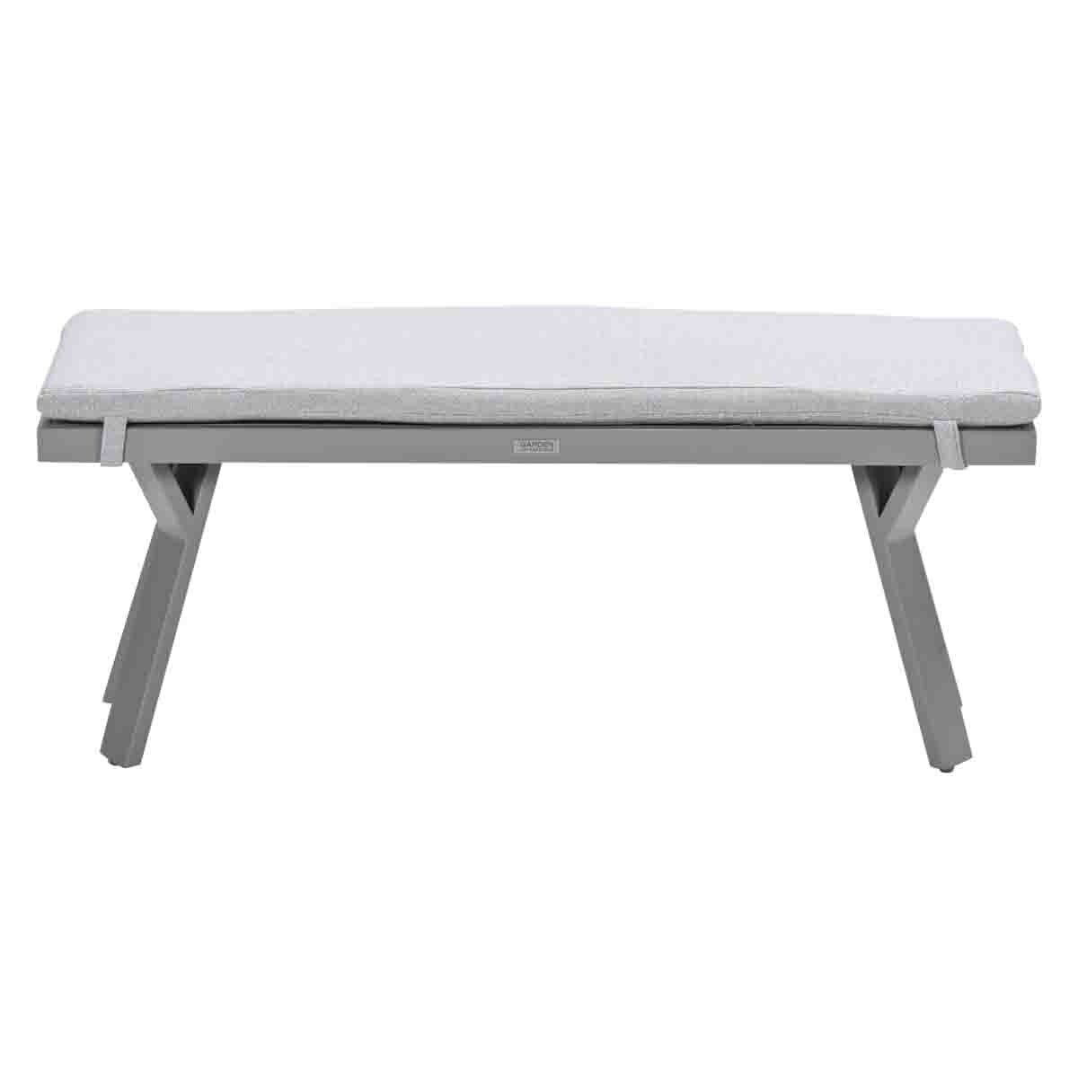 A gray bench with a cushioned top, isolated on a white background.