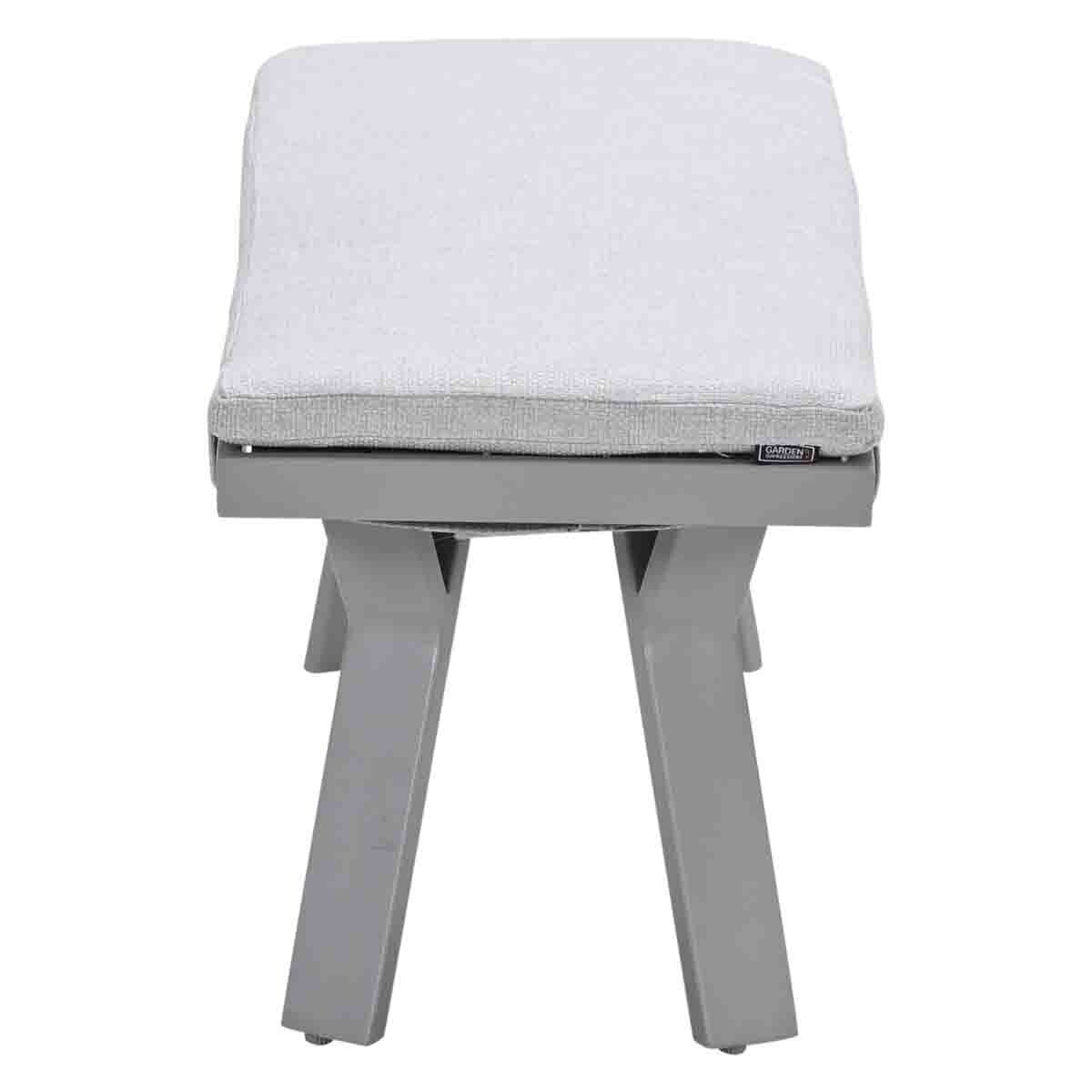 Gray stool. Four legs, gray seat cushion. Light gray frame. White background.