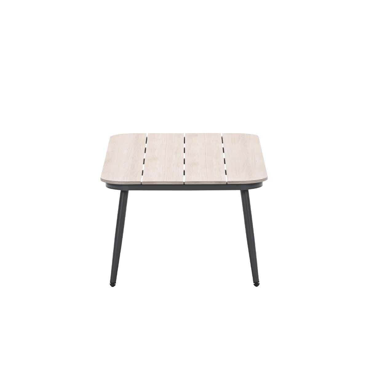 Outdoor table with light wood top and black legs. Rectangular shape, four legs, white background.