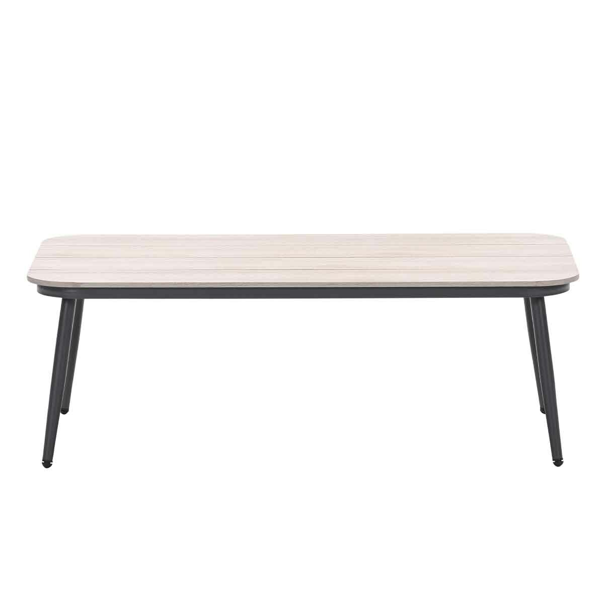 Outdoor table with light wood top and black legs. Rectangular shape, four legs, white background.