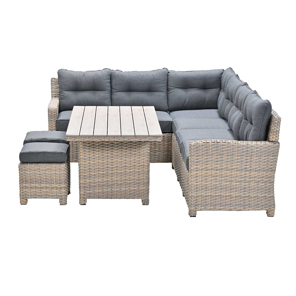 Outdoor wicker furniture set: corner sofa, table, and ottoman, all with grey cushions.