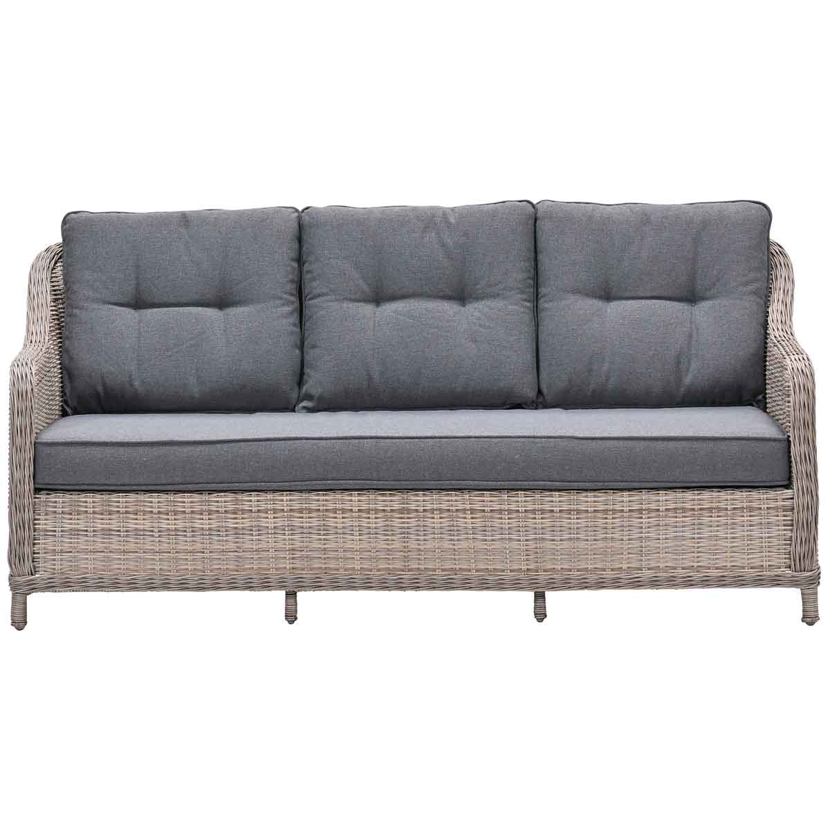 Three-seater outdoor wicker sofa, gray cushions. Light brown wicker frame. White background.