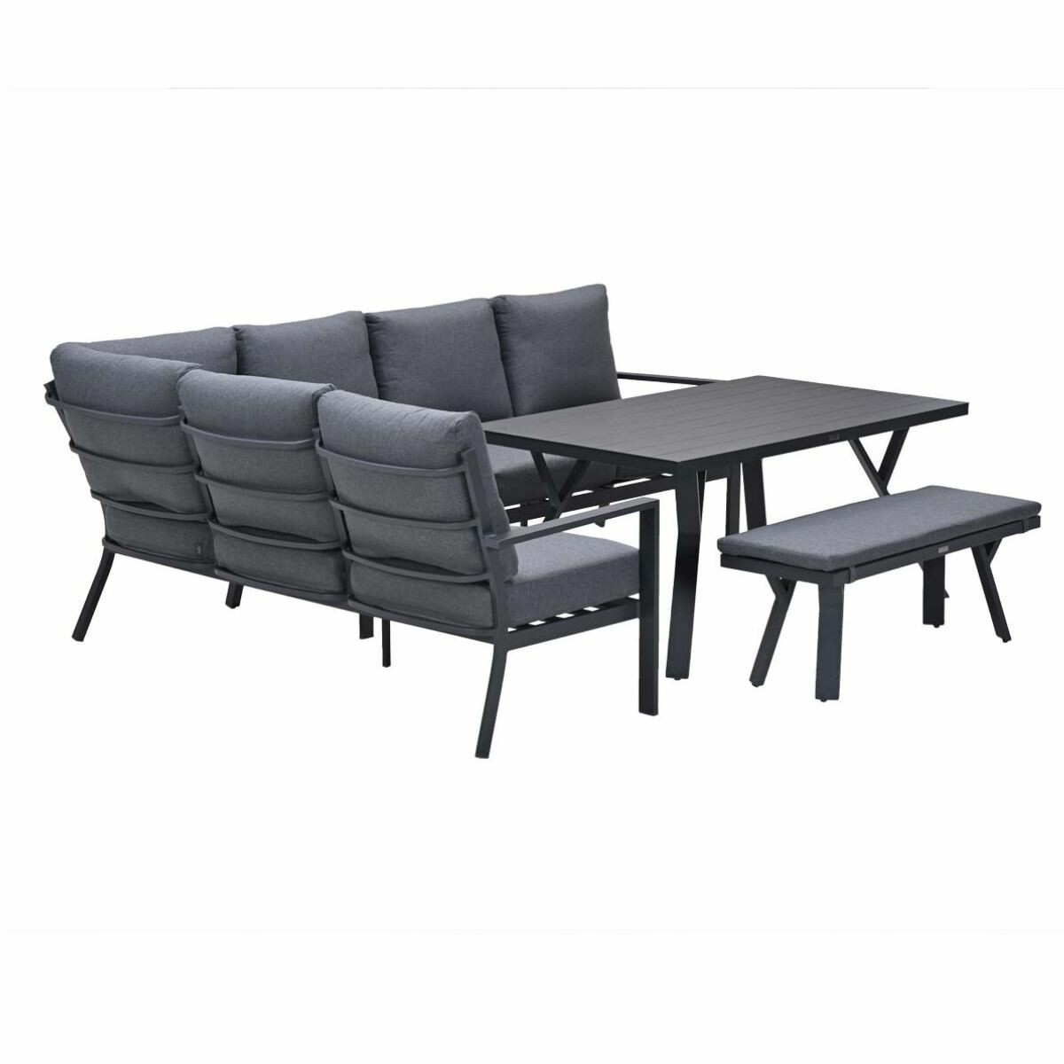 Buitenmeubelset: bank, stoel en tafel. Grijze kussens en donkere frames.