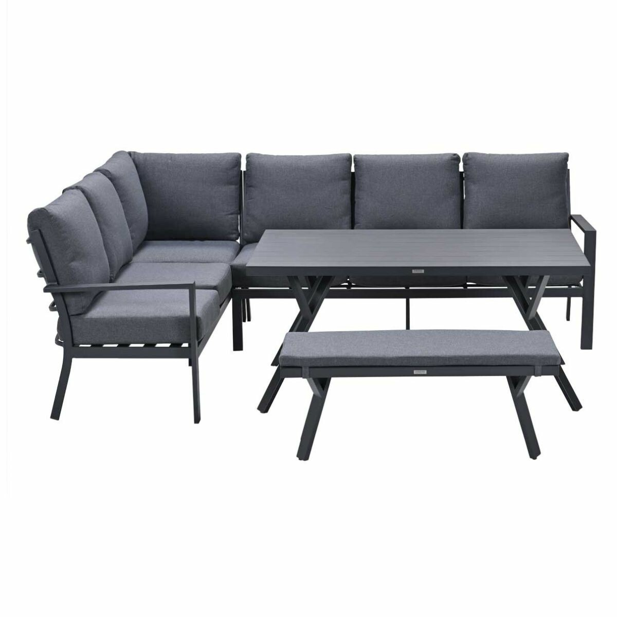 Buiten hoekset: grijze bank, tafel en bank. Allemaal op een witte achtergrond, modern design.