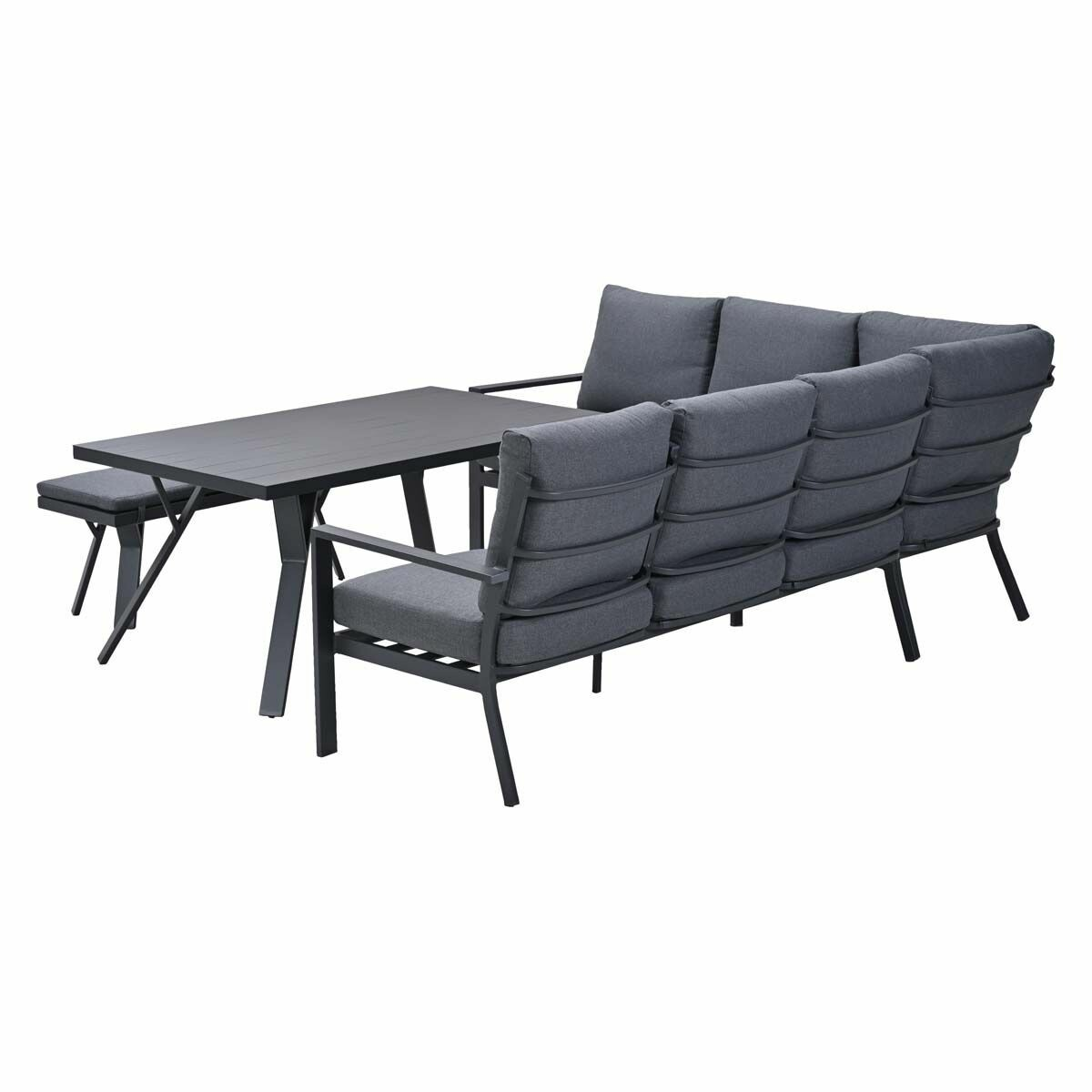 Buitenmeubelset: bank, tafel en bankje. Grijze kussens en donkere frames.