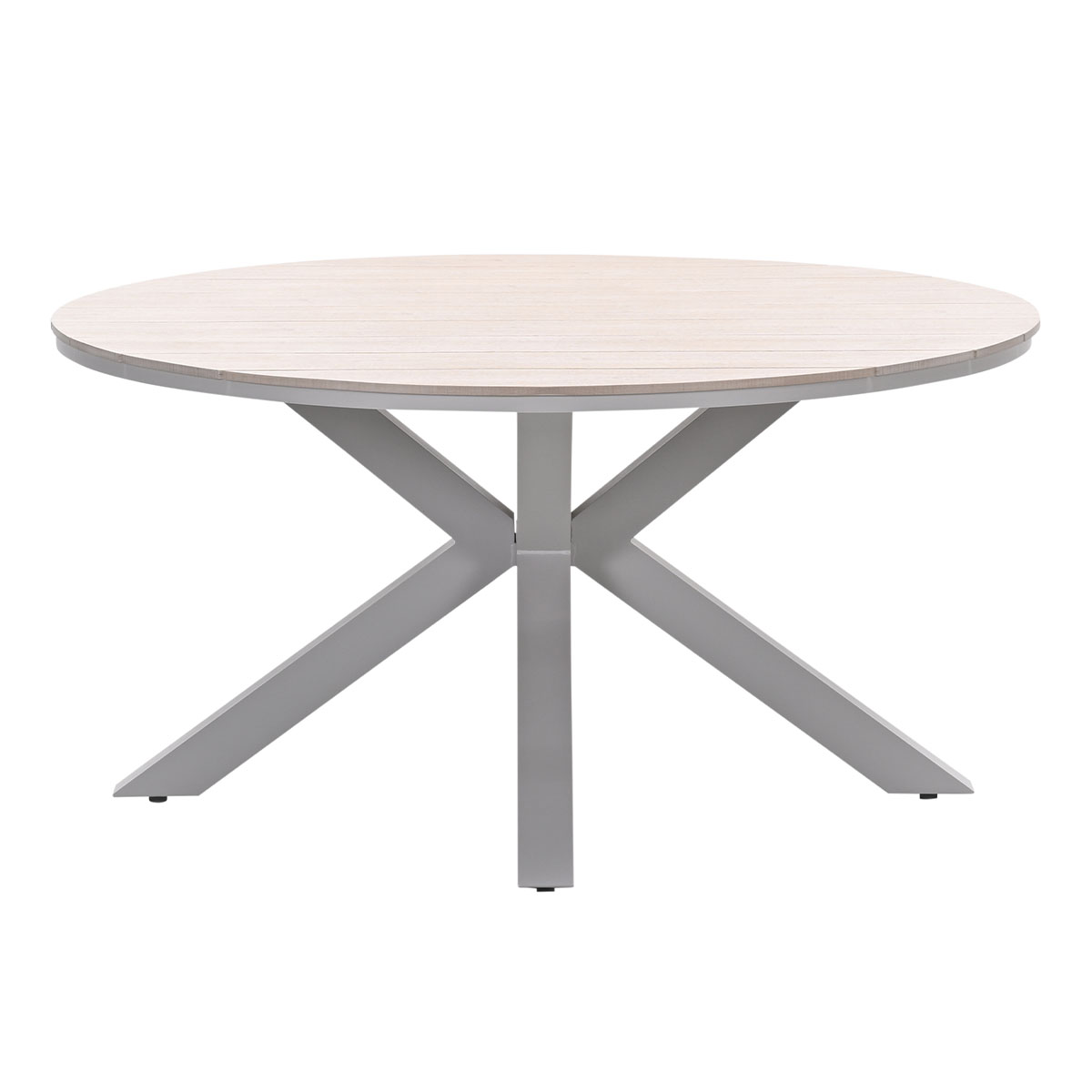 A round outdoor table with a light wooden top and grey metal legs.