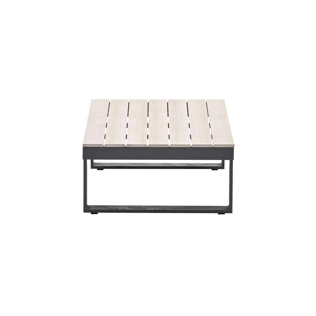 Square outdoor table with light wooden slats and a dark frame.