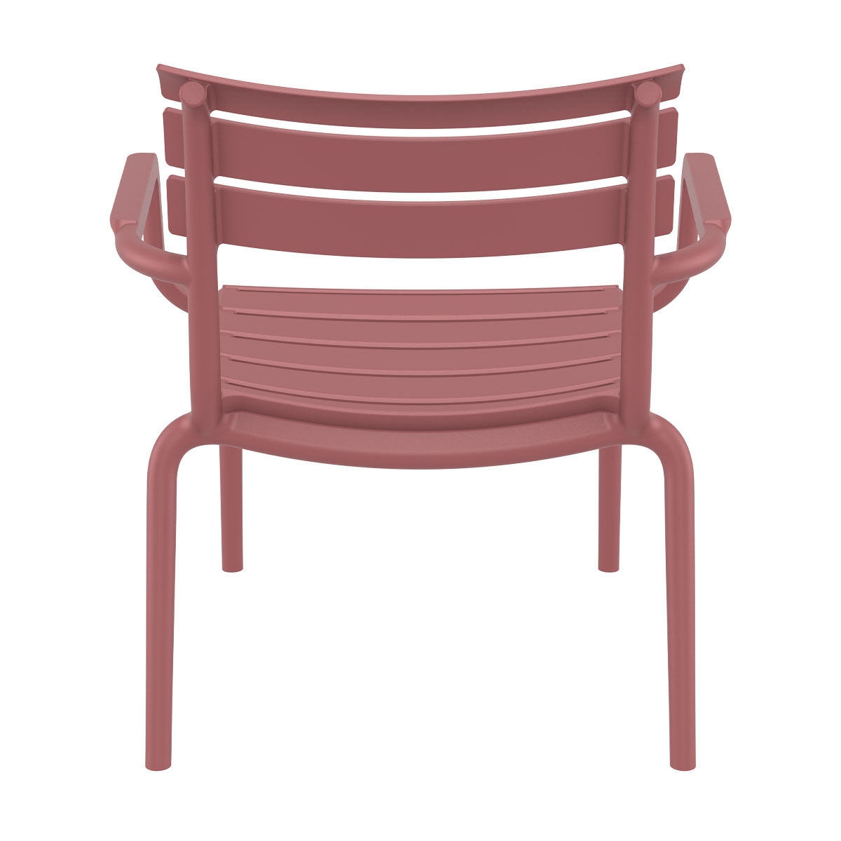 A pink chair with armrests, front view. Features horizontal slats and a curved design.