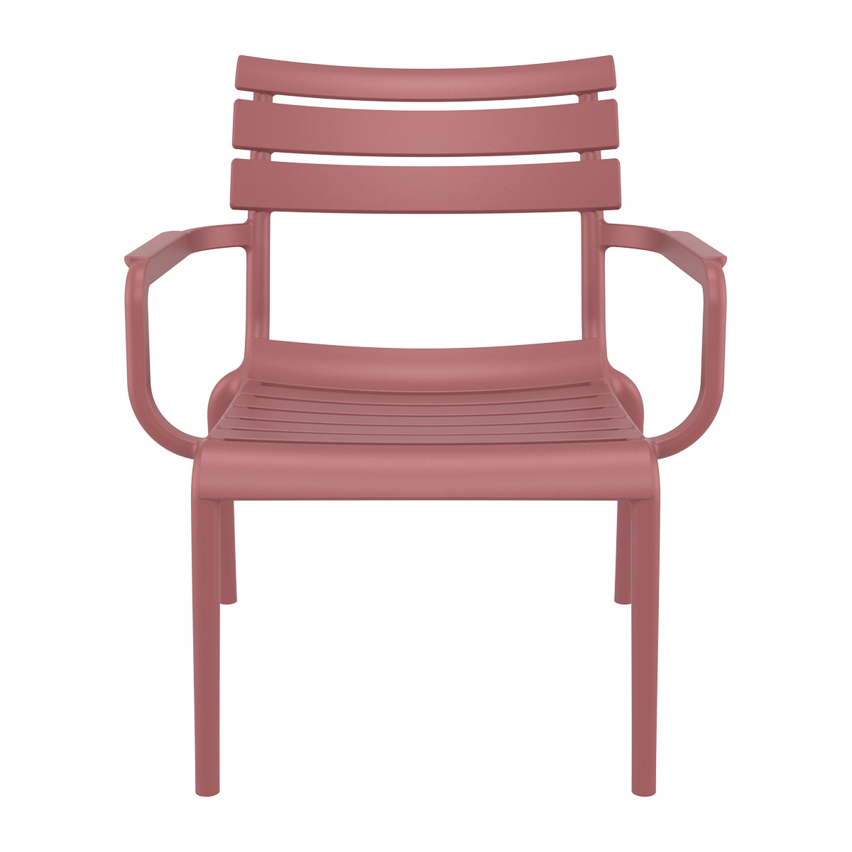 A pink plastic chair with armrests, slatted back and seat, on a white background.
