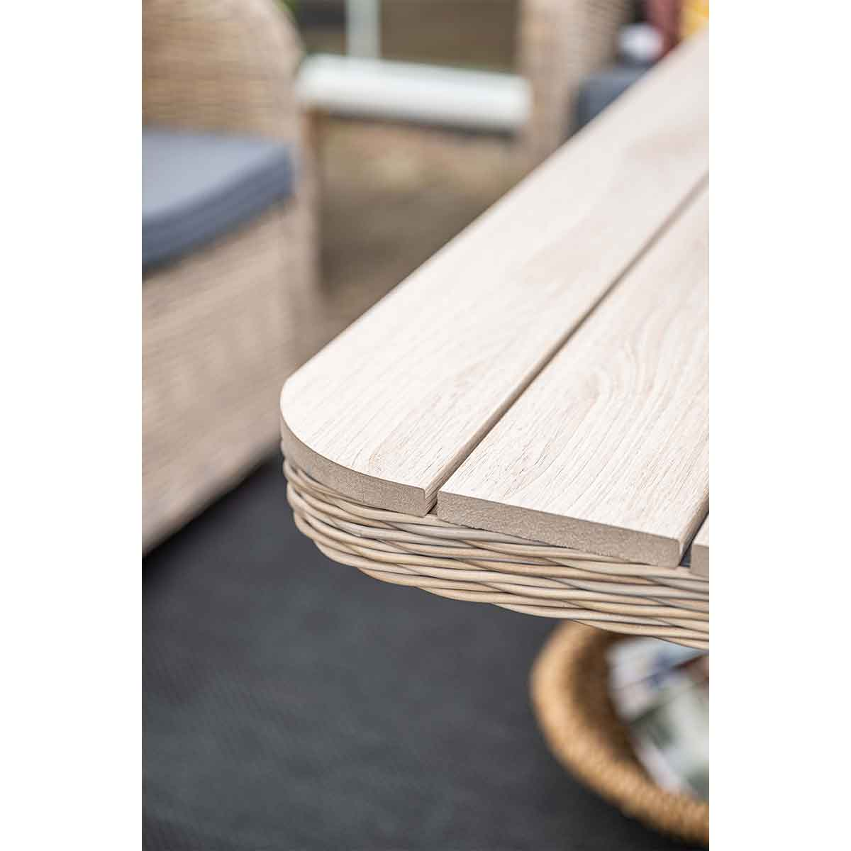 Wooden table with a wicker border, close-up. Shows the edge of the table and wicker detail.
