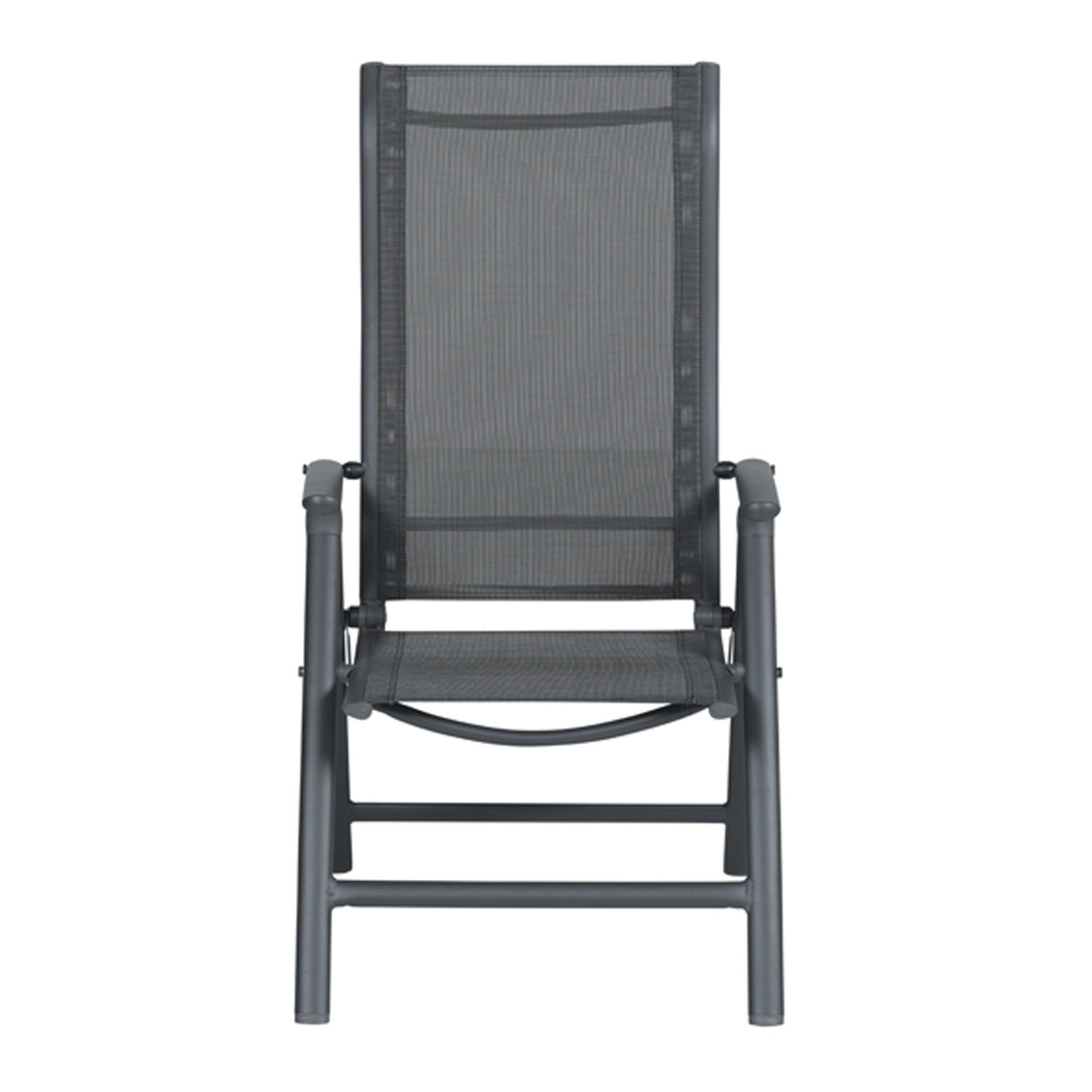 A gray folding chair with a mesh back and seat, front view.