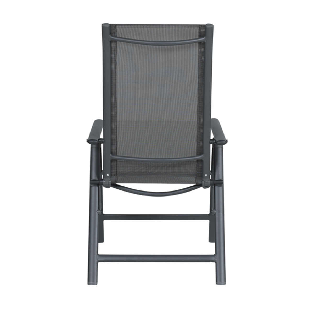 Back view of a gray outdoor chair with a mesh backrest, isolated on white.