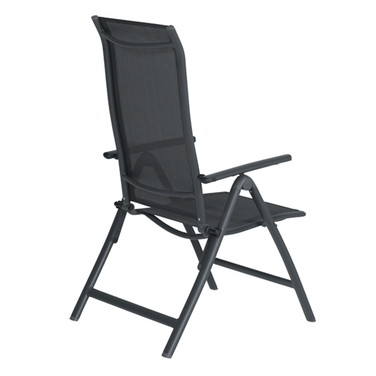 A gray folding chair with a mesh back and seat, back view.