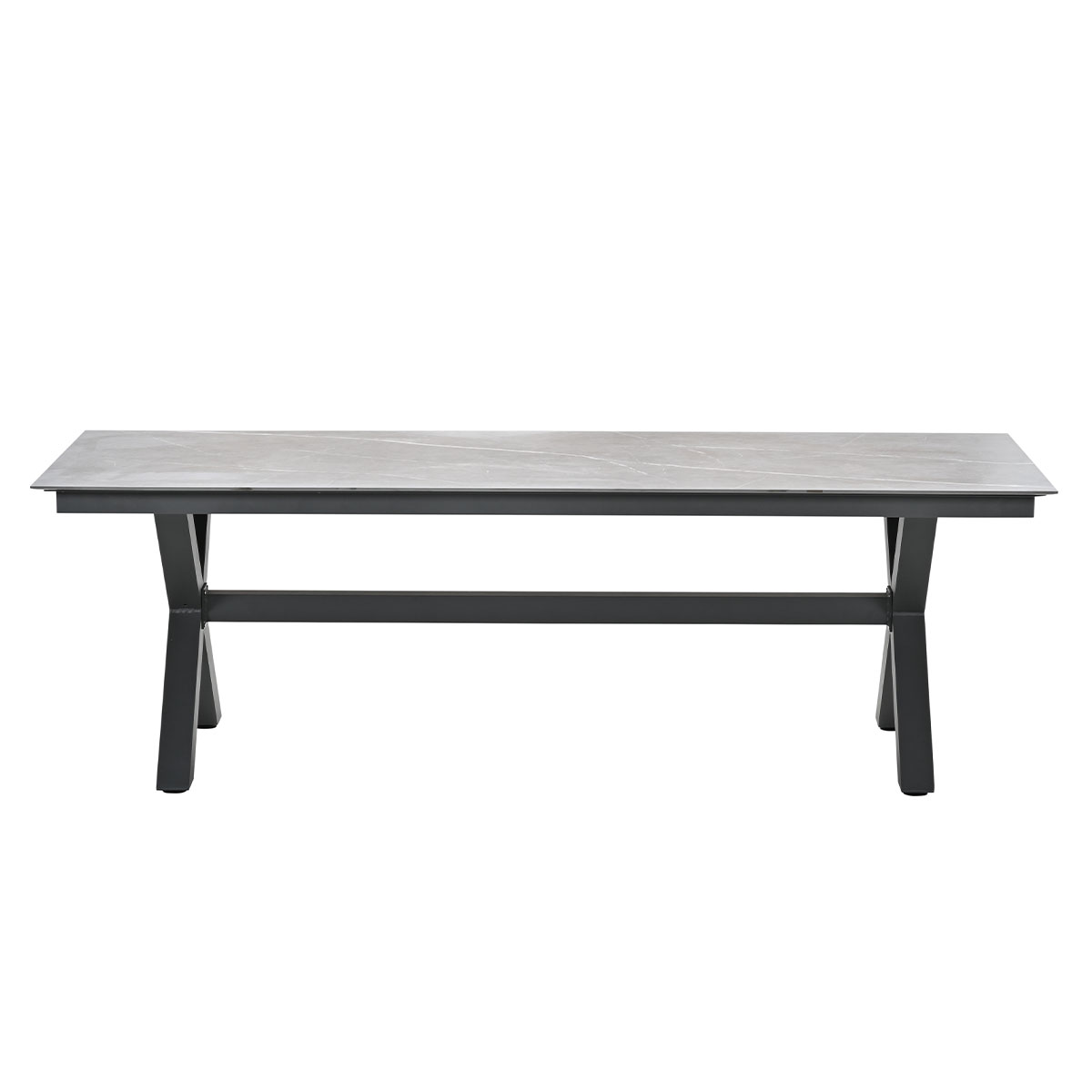 Long rectangular table with a marble-like top and black legs. White background.