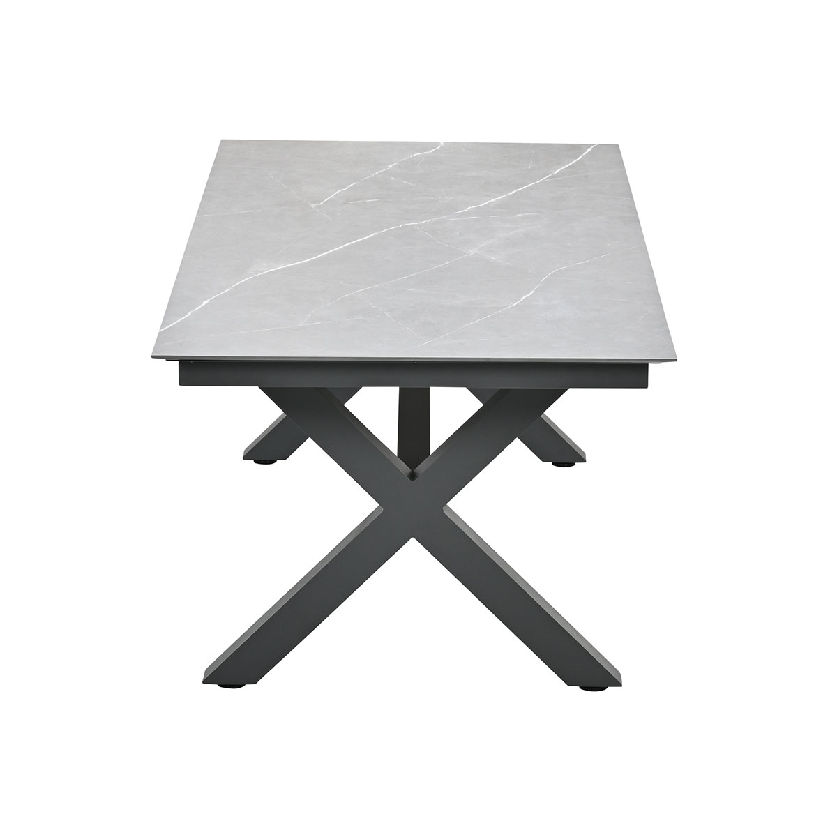 A rectangular table with a gray marble-like top and X-shaped legs.