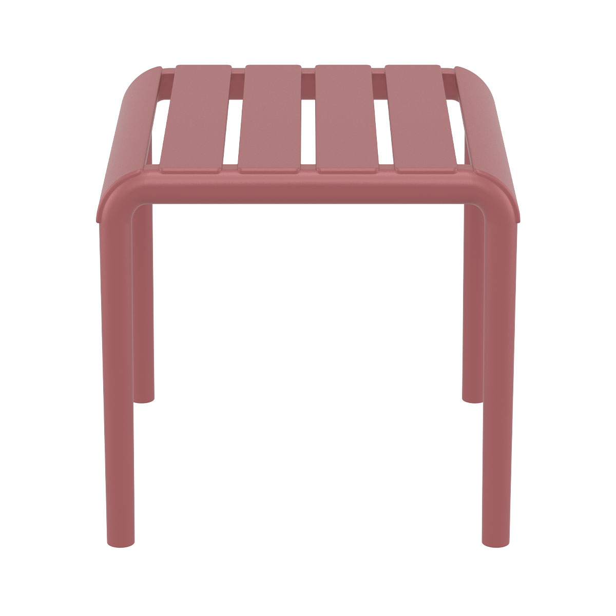 A dusty rose-colored stool with a slatted seat and rounded legs.
