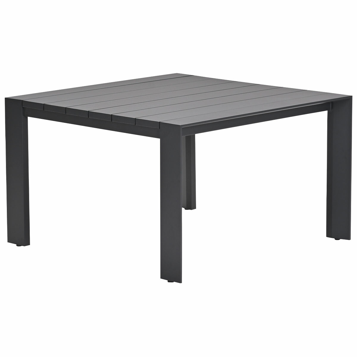 Une table carrée de couleur charbon avec un dessus à lattes et quatre pieds.