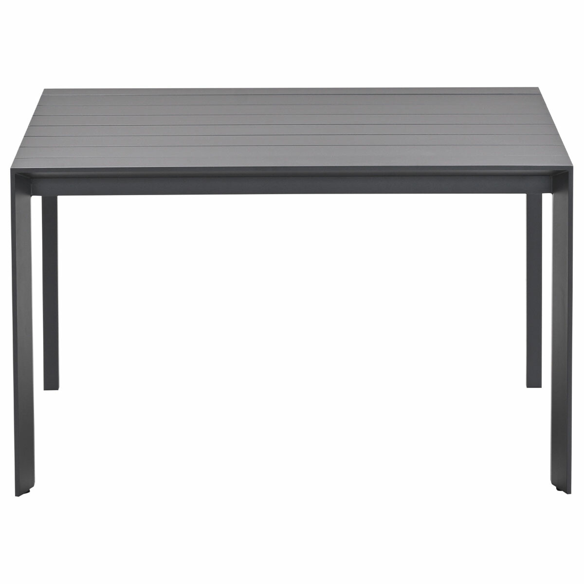 Table grise rectangulaire avec quatre pieds, sur fond blanc.
