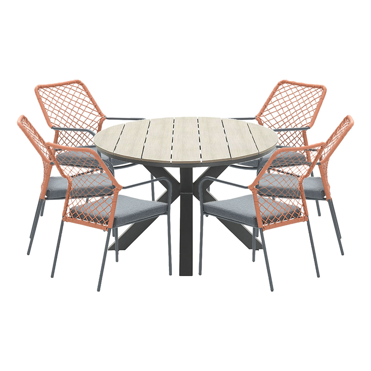 Round table with 6 chairs. Chairs have orange mesh backs, gray cushions.