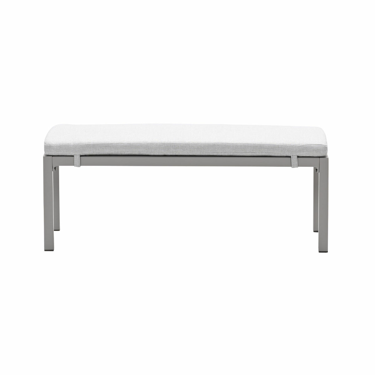 Bench with white cushion, gray frame, and a white background.