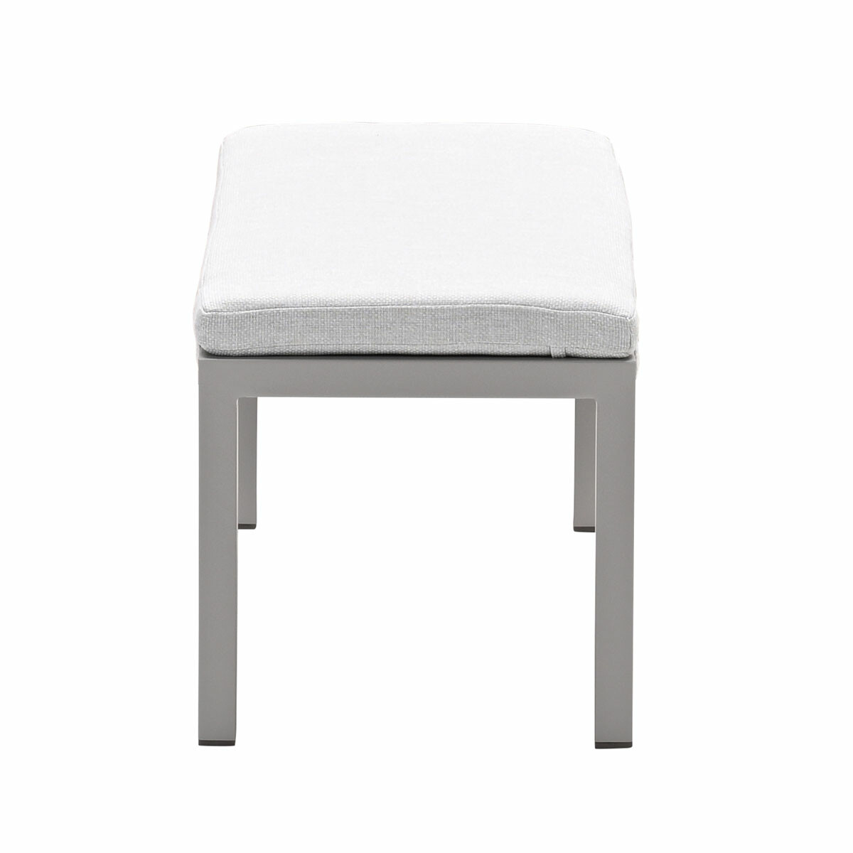 A white-cushioned, square bench with a gray frame sits on a white background.