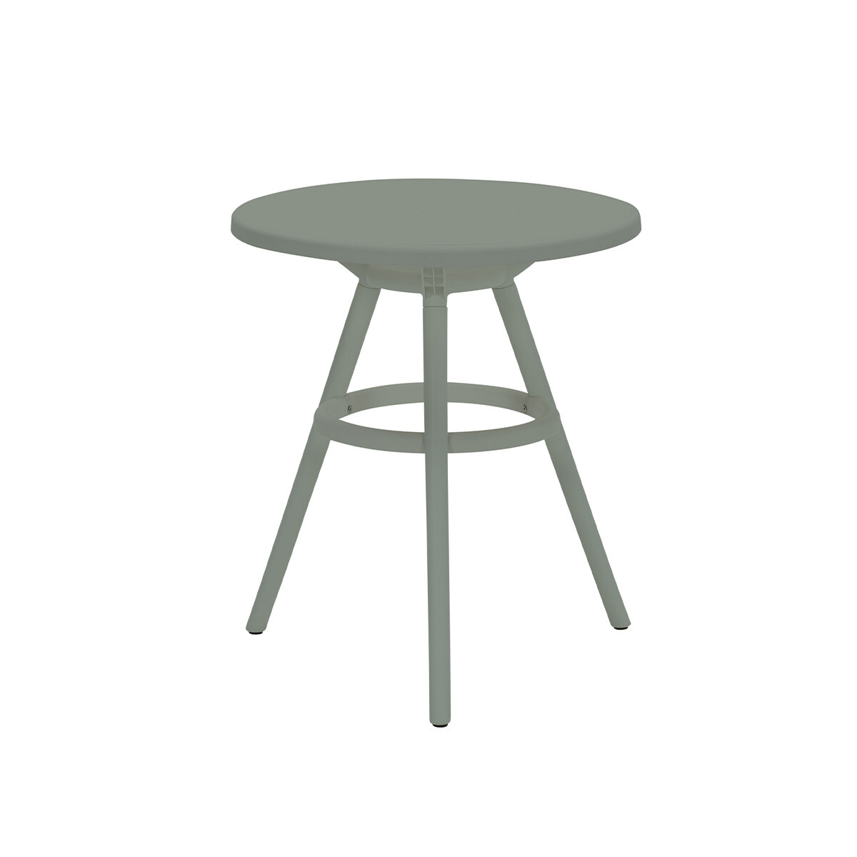 Small round gray table with 3 legs.