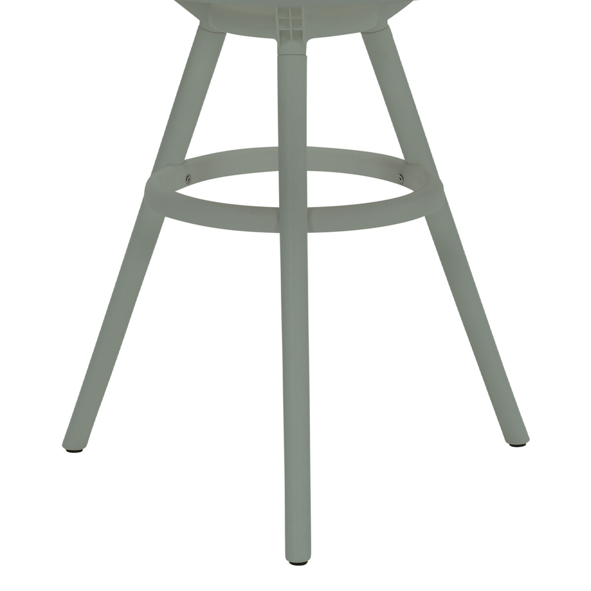A light gray bar stool with three angled legs and a circular footrest.