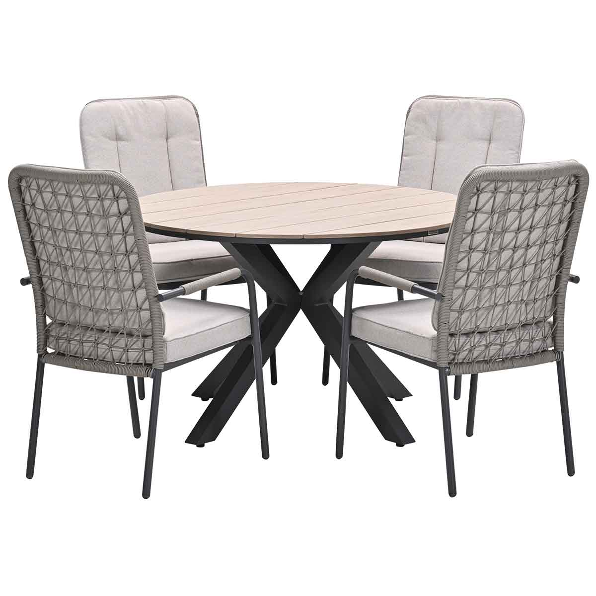 A round table with four chairs. Table has a wooden top and black legs. Chairs are gray.