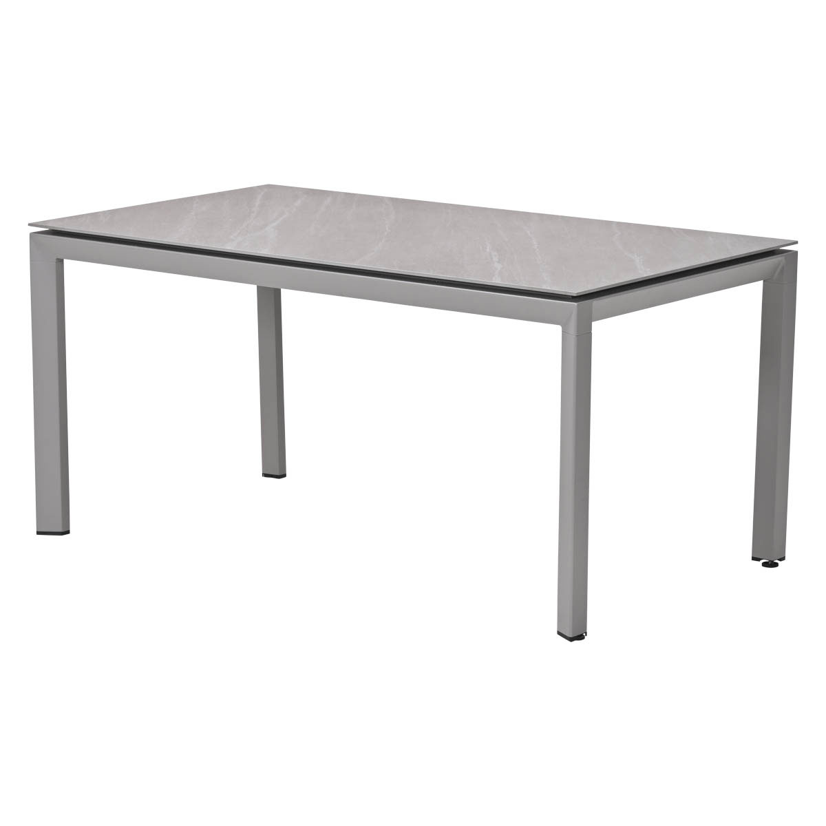 Een rechthoekige tafel met een lichtgrijs blad en een grijs frame.