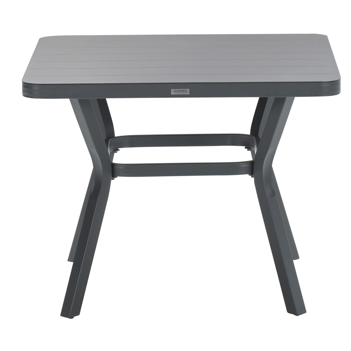 Square grey outdoor table with four legs. The table has a GARDEN sticker.