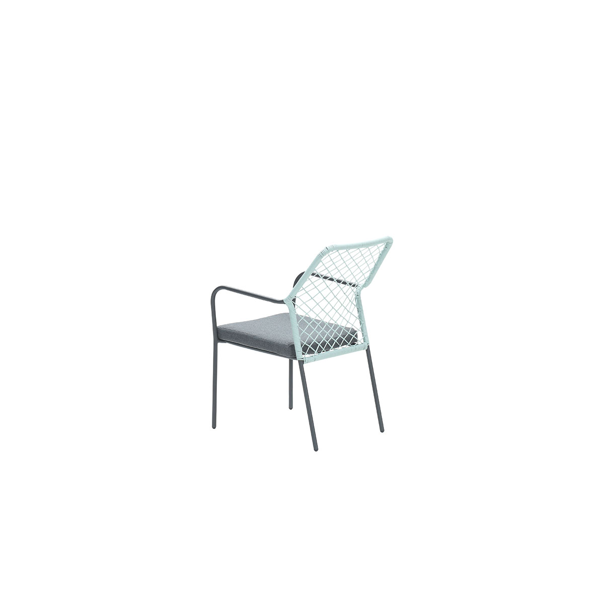 Outdoor chair with grey cushion and woven back.