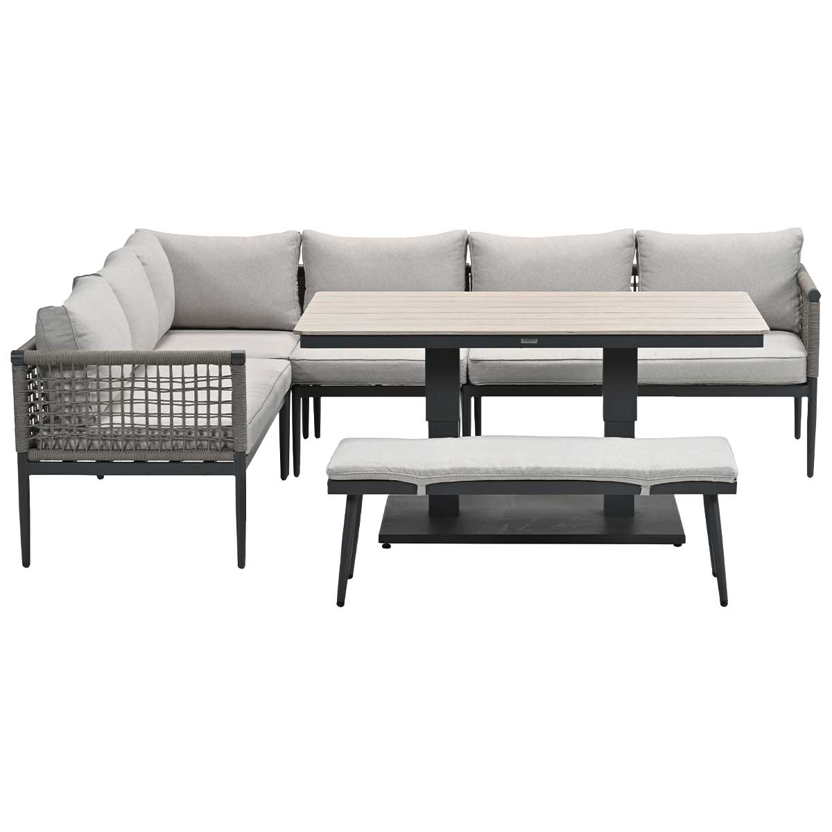 Ensemble canapé gris en L avec table et banc. L'ensemble est sur fond blanc.