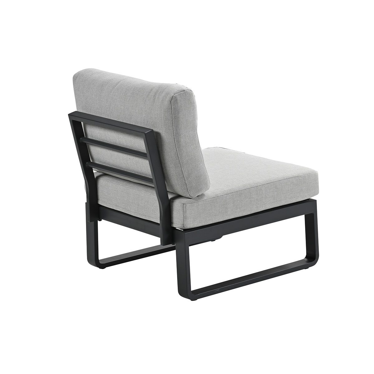 Outdoor chair with grey cushion and black frame, seen from the back.