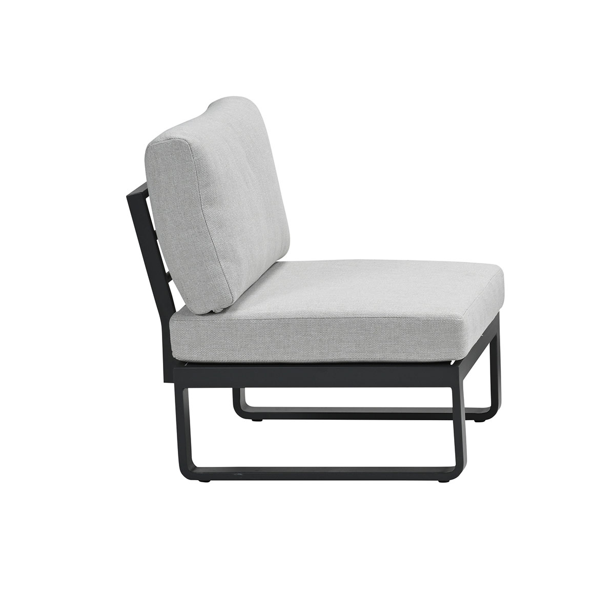 Outdoor chair with grey cushion and black frame, side view. Isolated on white.