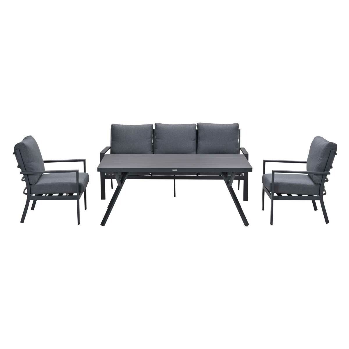 Outdoor furniture set: sofa, two chairs, and a table. Dark grey cushions and frames.
