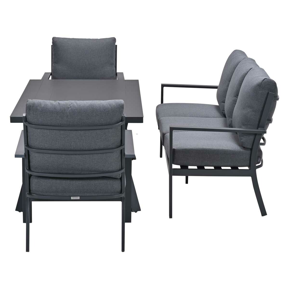 Outdoor furniture set: sofa, two chairs, and a table. Dark grey cushions and frames.