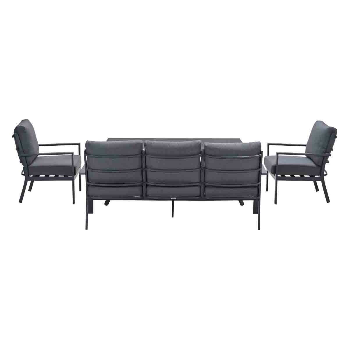 Outdoor furniture set: sofa, two chairs, and a table. Dark grey cushions and frames.
