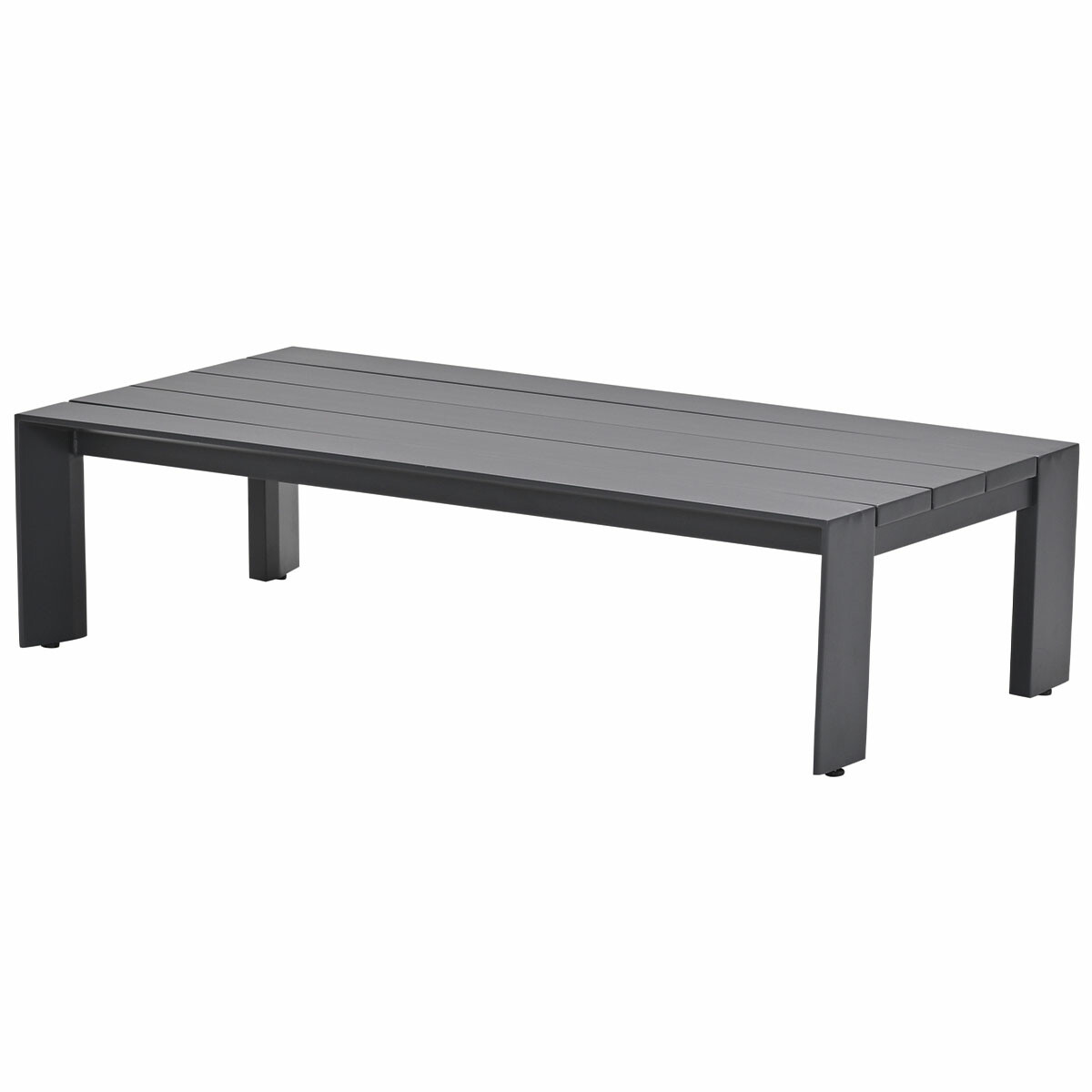 Rechthoekige buitentafel. Donkergrijs, lattenbodem. Eenvoudig, modern design.