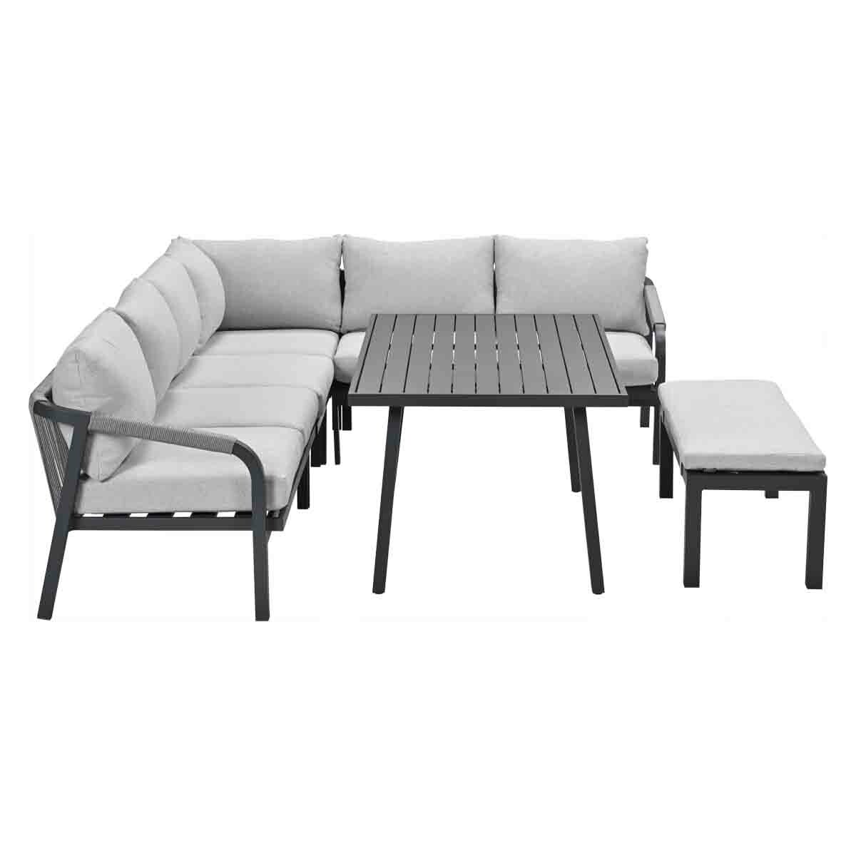 Outdoor sectional sofa with gray cushions, dark frame. Table and bench included.