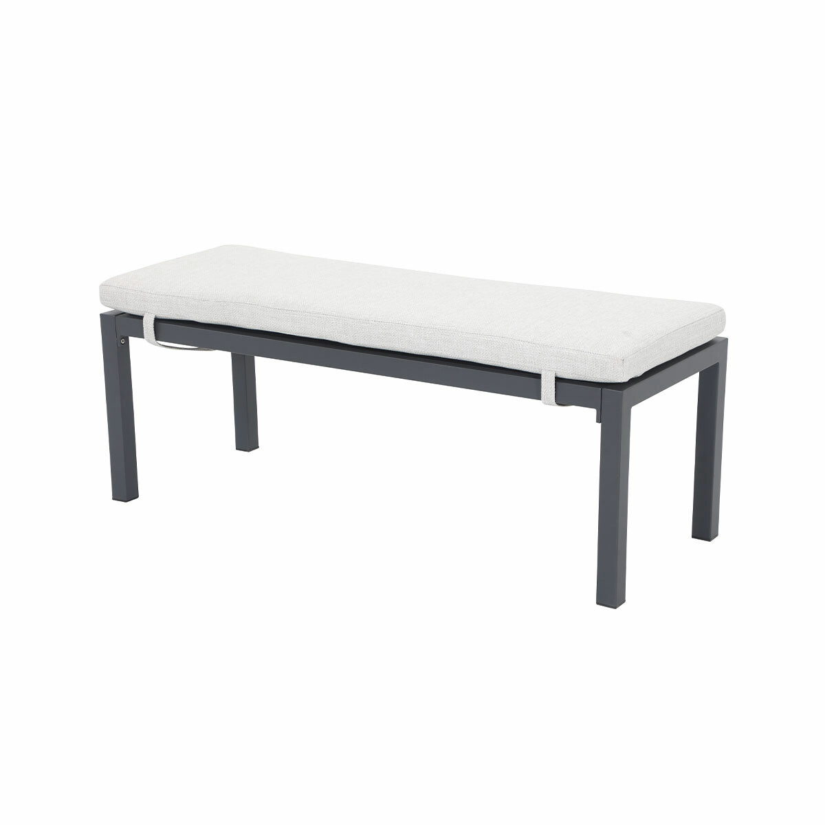 Outdoor bench with gray cushion. Dark frame. Simple design, suitable for outdoors.
