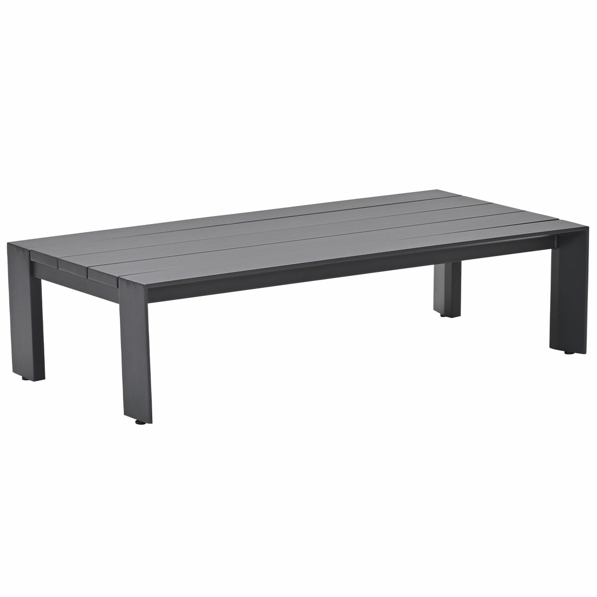 Rechthoekige donkergrijze buitentafel. Lattenoppervlak en vier poten.